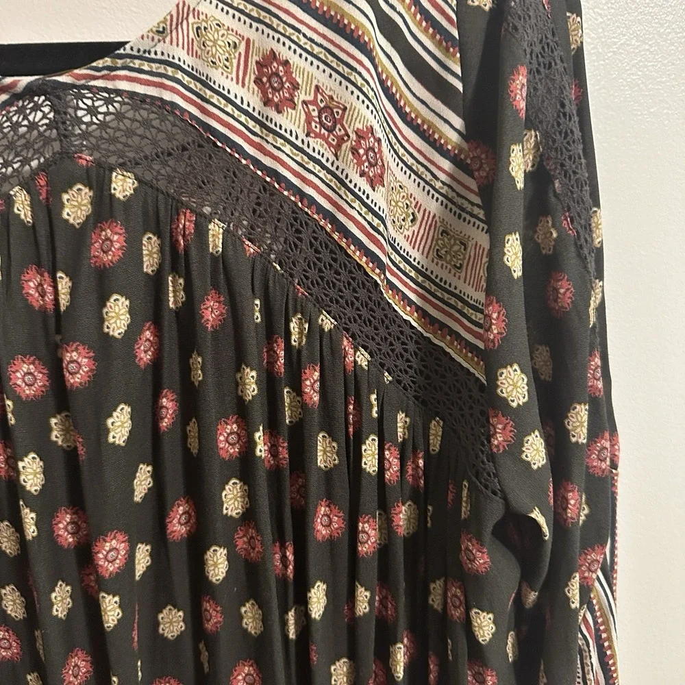 Free People Rain or Shine Lace Up Boho Peasant Swing‎ Long Sleeve Dress Size S
